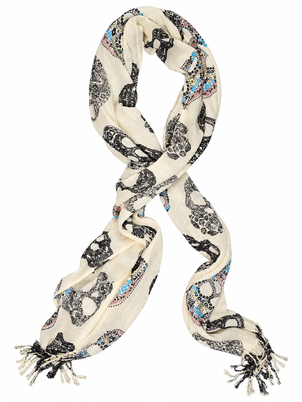Skull Print Scarf Cream Black Multicolor Metallic Fringe 72x21 Pier 1